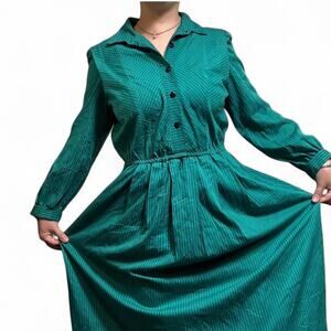 Vintage 80s whimsical teal and black striped long sleeve maxi dress womens large